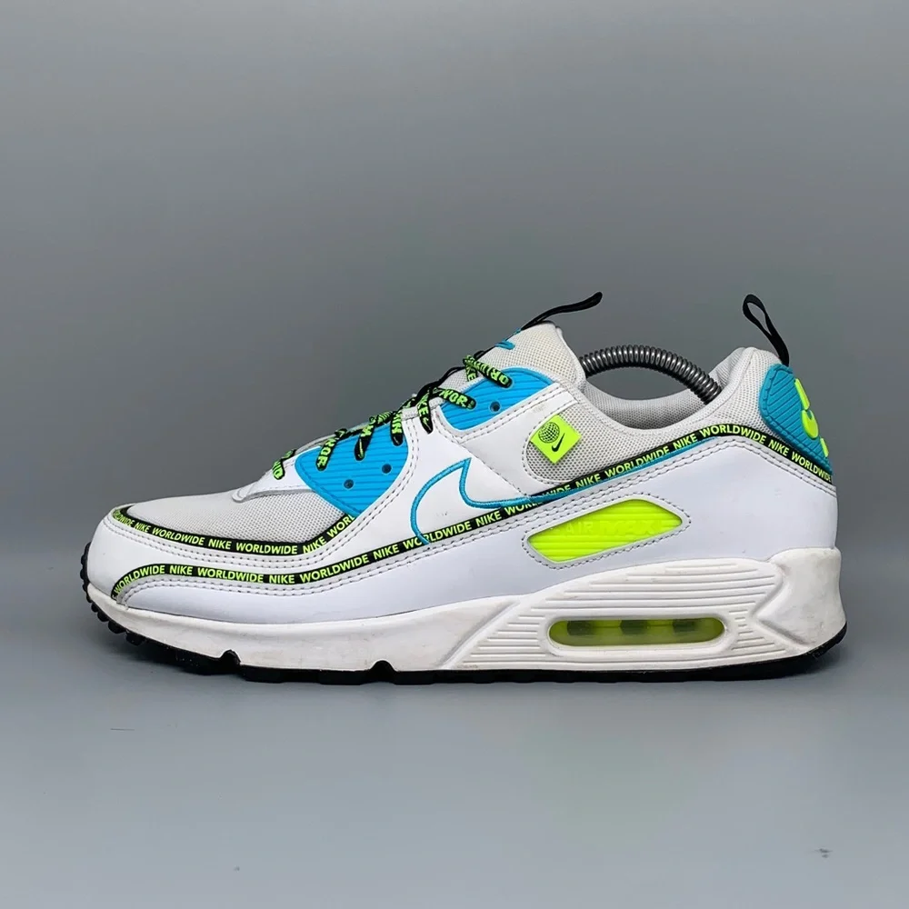 Nike Air Max 90 SE Worldwide White/Blue Volt Running Shoes CZ6419‑100 Men’s 11.5